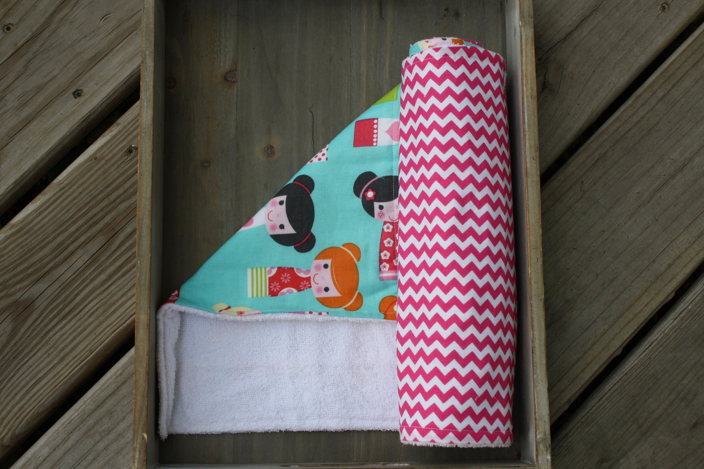 pink chevron/wooden dolls snap together towel set